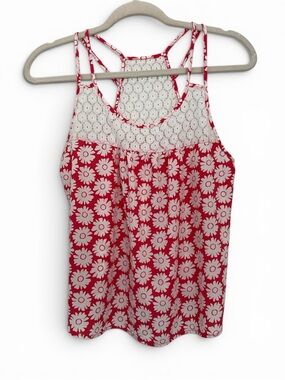 Mine Women’s Pink Daisy Print Lace Yoke Tank Top – Size Medium